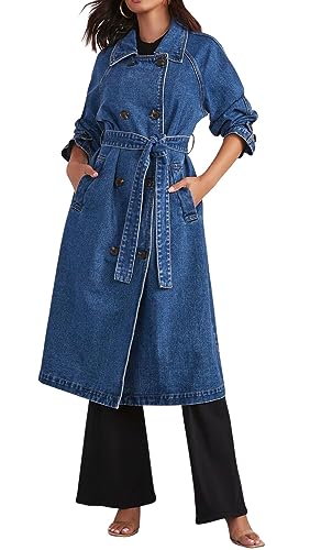 Women's Casual Double Breasted Long Denim Trench Coat Jean Jacket Trenchcoat with Belt Duster Coat