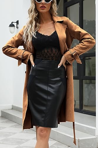 Womens Faux Suede Leather Jacket Spring and Winter Fashion Long Trench Coat, Lightweight Windbreaker
