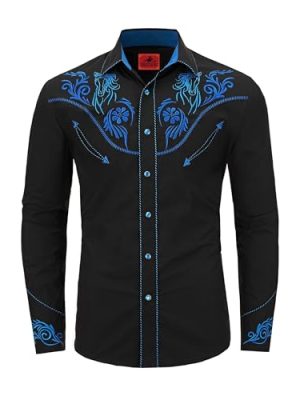 Men's Western Cowboy Shirt Embroidered Exquisite Long Sleeve Regular Fit Snap Button Down Shirts