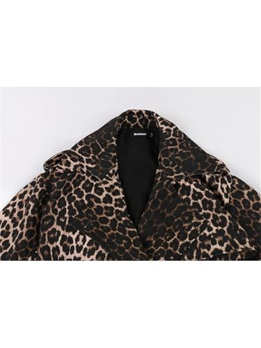 Women Long Oversized Leopard Print Trench Coat Double Breasted Vintage Lapel Outerwear With Belt