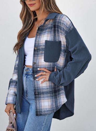 Women's Color Block Corduroy Shirts Long Sleeve Button Down Boyfriend Blouses Tops