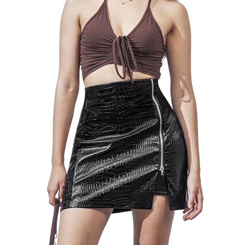 Women's Leather Mini Skirt Stretchy High Waisted Zipper Slit Faux Pleather Bodycon Short Pencil Skirt
