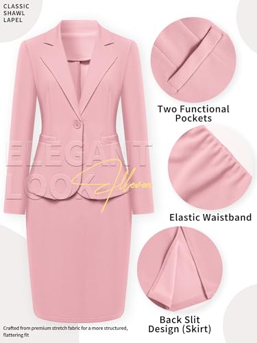 Women's 2 Piece Suit Skirt Set Business Casual, Long Sleeve Knit Blazer & Pencil Skirt