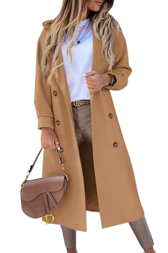 Women's Long Coat Notched Lapel Collar Double Breasted Pea Coat Winter Elegant Wool Blend Over Coats Jackets