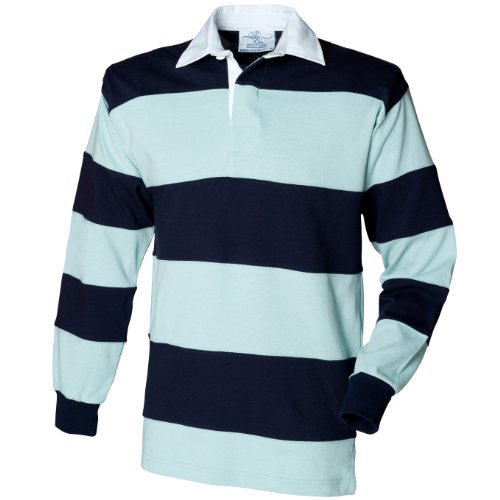 Sewn Stripe Long Sleeve Sports Rugby Polo Shirt (XL) (Duck Egg/Navy)