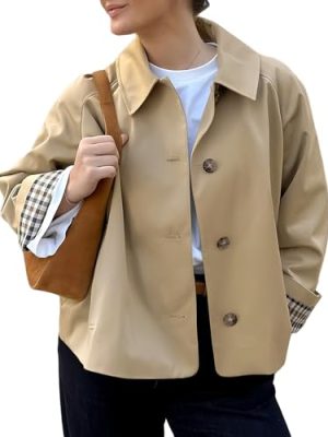 TITOMD Women Crop Trench Coat Single Breasted Check Lining Lightweight Cropped Jackets Fashion Outerwear