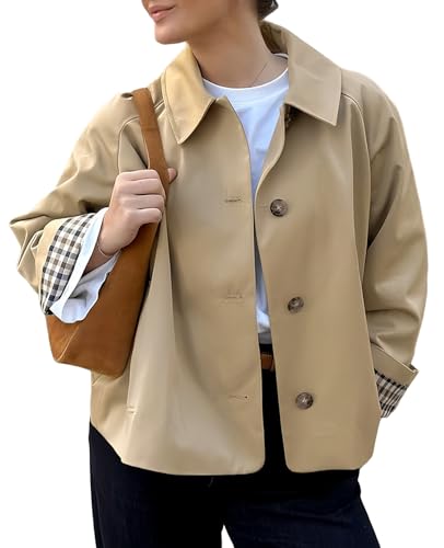 TITOMD Women Crop Trench Coat Single Breasted Check Lining Lightweight Cropped Jackets Fashion Outerwear