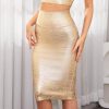 Leather Midi-Calf Bandage Skirt Metallic Bandage Pencil Office Skirt