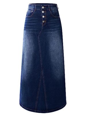 Womens Long Denim Skirt Casual A-Line Stretch Jean Skirt for Women High Waisted Vintage Denim Maxi Skirt with Pockets Blue