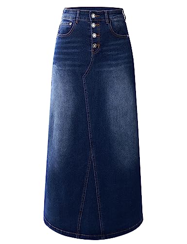 Womens Long Denim Skirt Casual A-Line Stretch Jean Skirt for Women High Waisted Vintage Denim Maxi Skirt with Pockets Blue