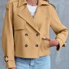 Women Crop Double Breasted Trench Coat Raglan Sleeve Work Office Cropped Jacket With Pockets