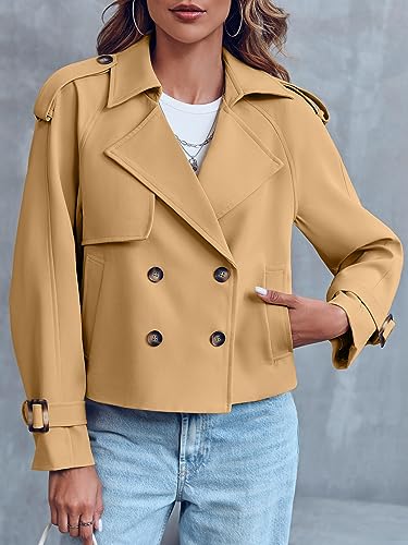 Women Crop Double Breasted Trench Coat Raglan Sleeve Work Office Cropped Jacket With Pockets