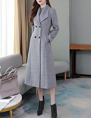 Womens Shawl Collar Long Wool Coats Fall Winter Double Breasted Trench Coat