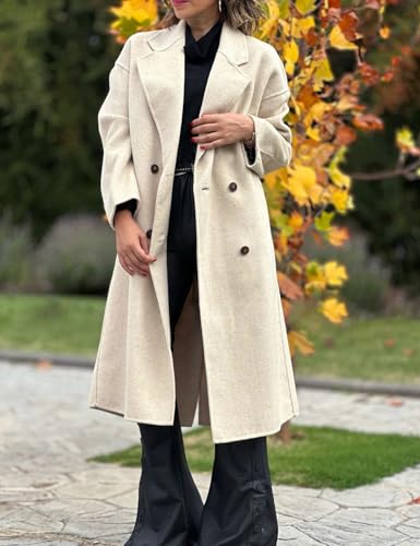 Women's Notched Collar Wool Blend Pea Coat Winter Double Breasted Trench Coat Long Oversized Button Down Overcoats