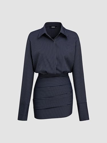Shirt Dresses for Women Striped Collar Long Sleeve Button Down Cinched Waist Mini Dress Elegant Casual