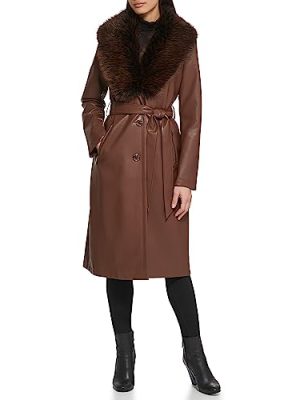 Women's Leather & Faux Fur Belted Trench Coat