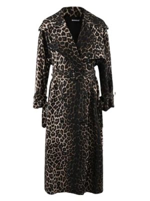 Women Long Oversized Leopard Print Trench Coat Double Breasted Vintage Lapel Outerwear With Belt