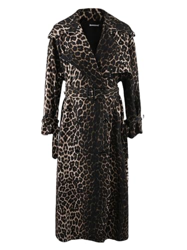Women Long Oversized Leopard Print Trench Coat Double Breasted Vintage Lapel Outerwear With Belt