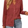 Women's Fall Fashion Long Sleeve Shirts Button Down Dressy Casual Blouses V Neck Eyelet Embroidery Hollow Out Tops