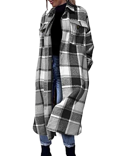 Women’s Long Plaid Shacket Wool Blend Button Down Shirt Jacket Coat with Pockets
