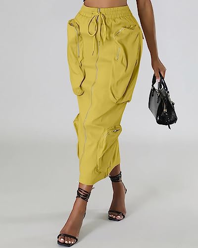 Women's Vintage 90s Drawstring Stretchy Zipper Muti-Pockets Pencil Long Cargo Skirt