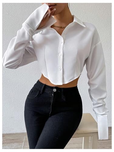 Women's Cropped Button Down Shirts Long Sleeve Collared Crop Tops Office Work Business Outfits