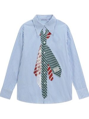 Button Down Shirts Unisex Necktie Print Stripe Long Sleeve Shirt Casual Streetwear Shirts