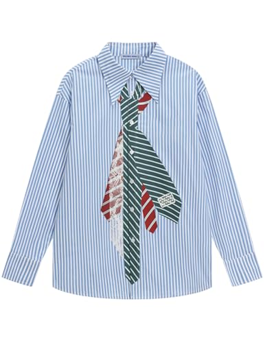 Button Down Shirts Unisex Necktie Print Stripe Long Sleeve Shirt Casual Streetwear Shirts