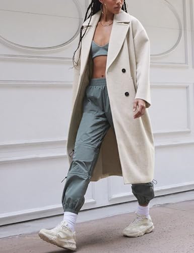 Women's Notched Collar Wool Blend Pea Coat Winter Double Breasted Trench Coat Long Oversized Button Down Overcoats