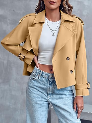 Women Crop Double Breasted Trench Coat Raglan Sleeve Work Office Cropped Jacket With Pockets