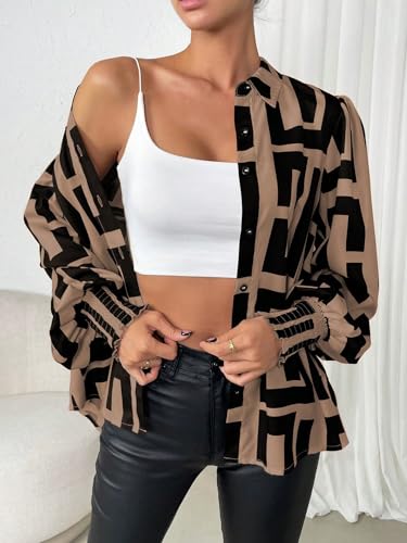 Women's Graphic Print Long Lantern Sleeve Collar Neck Button Front Blouse Shirt Top