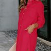Womens Button Down Shirt Dresses with Pockets Cotton Button Up Tunics Long Sleeve Solid High Low Blouse Tops