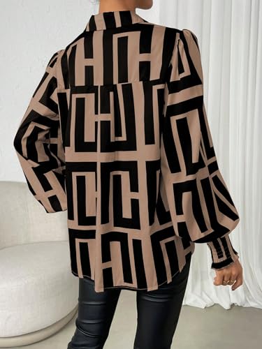 Women's Graphic Print Long Lantern Sleeve Collar Neck Button Front Blouse Shirt Top