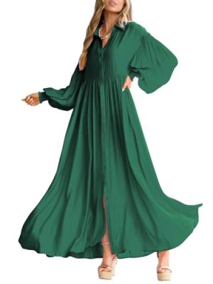 Women's Casual Long Sleeve Button Down Shirt Dress Elegant Pleated Flowy Swing Maxi Dress