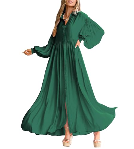 Women's Casual Long Sleeve Button Down Shirt Dress Elegant Pleated Flowy Swing Maxi Dress