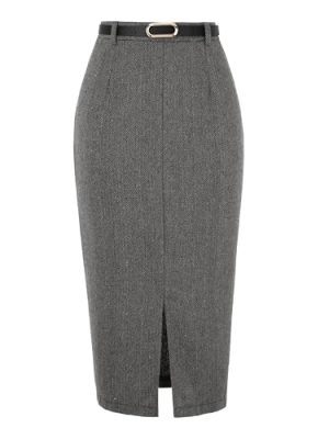 Midi Pencil Skirt for Women Fall Winter High Waisted Slit Office Work Skirts with Belt