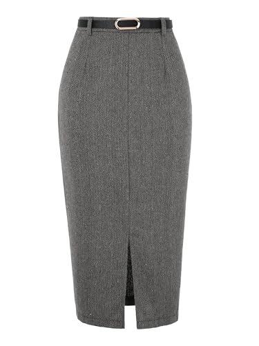 Midi Pencil Skirt for Women Fall Winter High Waisted Slit Office Work Skirts with Belt