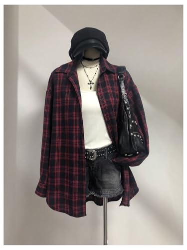 Women's Vintage Button Down Long Sleeve Flannel Plaid Collared Shirt Shacket Blouse