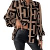 Women's Graphic Print Long Lantern Sleeve Collar Neck Button Front Blouse Shirt Top