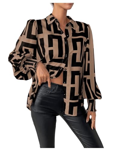 Women's Graphic Print Long Lantern Sleeve Collar Neck Button Front Blouse Shirt Top