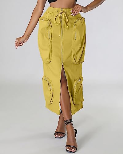 Women's Vintage 90s Drawstring Stretchy Zipper Muti-Pockets Pencil Long Cargo Skirt