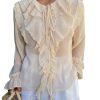 Women's Chiffon Blouses Dressy Peasant Tops Boho Sheer Ruffle Bishop Long Sleeve Button Down Shirt
