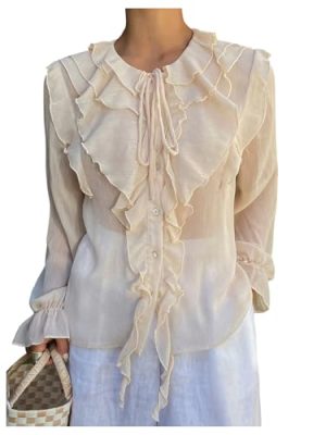 Women's Chiffon Blouses Dressy Peasant Tops Boho Sheer Ruffle Bishop Long Sleeve Button Down Shirt