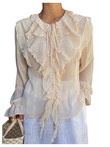 Women's Chiffon Blouses Dressy Peasant Tops Boho Sheer Ruffle Bishop Long Sleeve Button Down Shirt