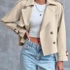 Women Crop Double Breasted Trench Coat Raglan Sleeve Work Office Cropped Jacket With Pockets
