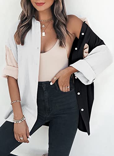 Womens Color Block Button Down Shirts Long Sleeve Oversized Boyfriend Blouses Tops