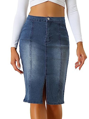Women's Denim Skirt High Waist Slit Hem Stretch Bodycon Pencil Skirt Knee Length Jean Skirts
