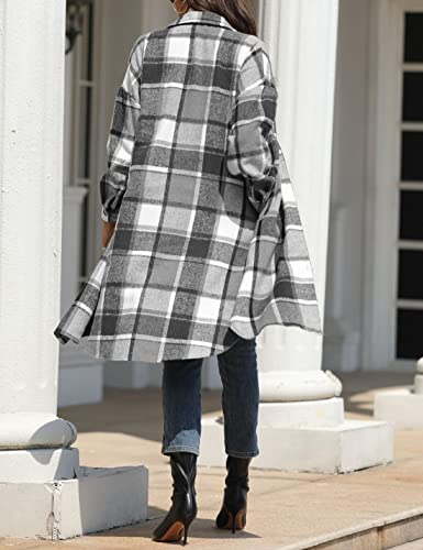 Women’s Long Plaid Shacket Wool Blend Button Down Shirt Jacket Coat with Pockets