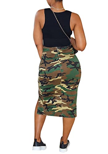 Casual Camo Cargo Skirts for Women Sexy High Split Frayed Raw Hem Pencil Maxi Skirts with Pockets