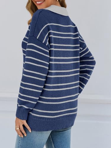 Womens Striped Swaters Button Collared Polo Shirts Oversized Long Sleeve Chunky Knit Trendy Pullover Tops
